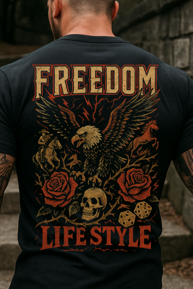DTF Transfer Freedom Life Style – Eagle, Skull, Roses & Lightning Western Biker Graphic