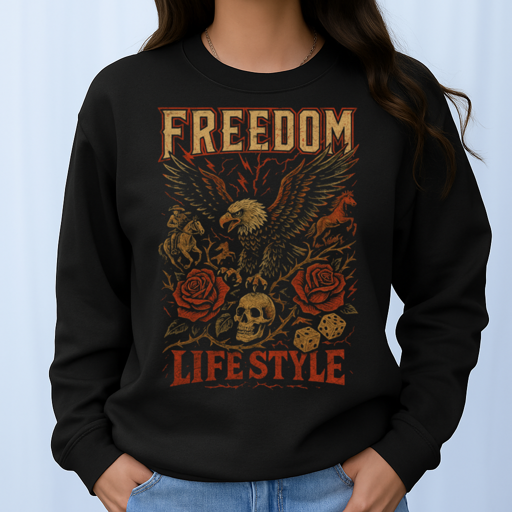 DTF Transfer Freedom Life Style – Eagle, Skull, Roses & Lightning Western Biker Graphic