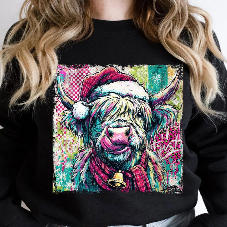 DTF Transfer Highland Cow Christmas – Colorful Santa Hat Holiday Design