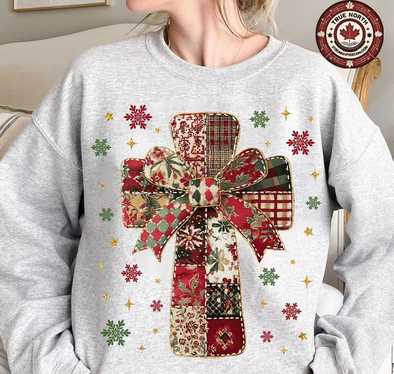 DTF Transfer Christmas Cross – Patchwork Bow Holiday Design