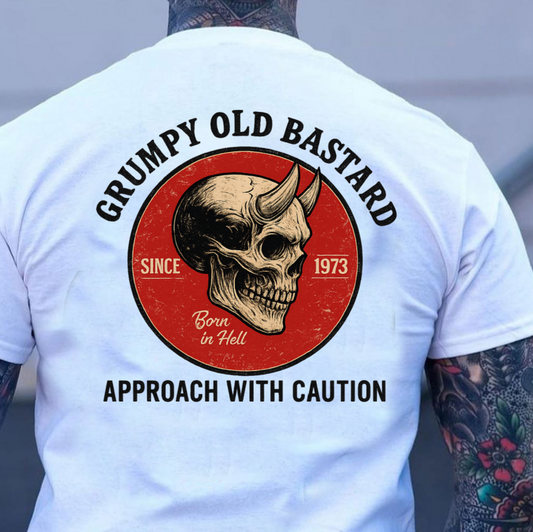 DTF Transfer Grumpy Old Bastard – Vintage Skull Horned Back Print “Approach With Caution” Design