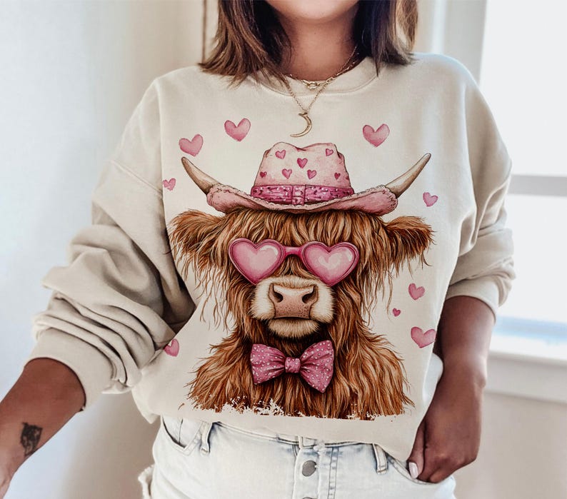 Sweatshirt Crew Hoodie Or T-Shirt Happy Valentines Cow With Pink Hat & Glasses