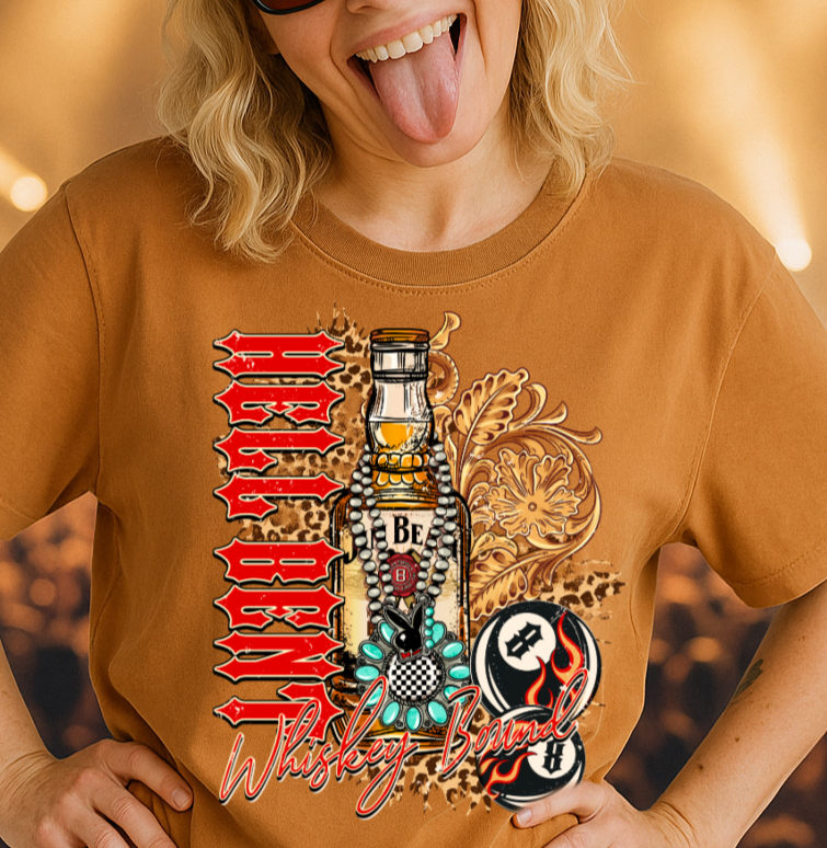 DTF Transfer Hell Bent Whiskey Bound – Western Biker Bottle & Flames Design