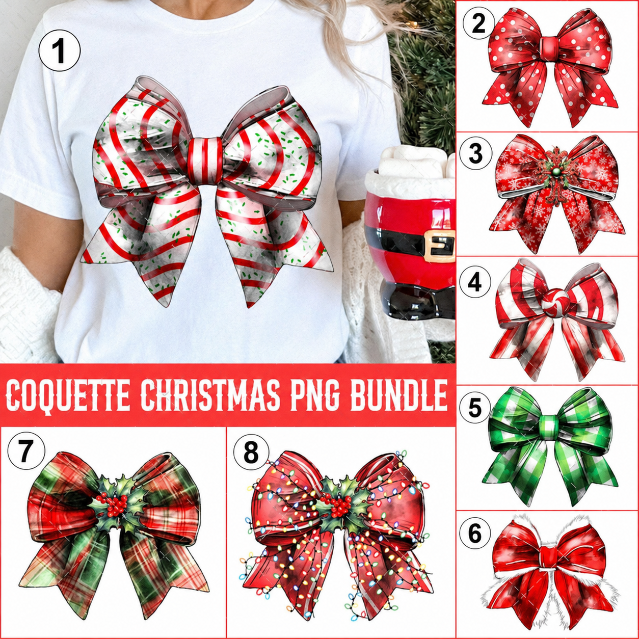 Coquette Christmas bow DTF designs numbered 1 through 8