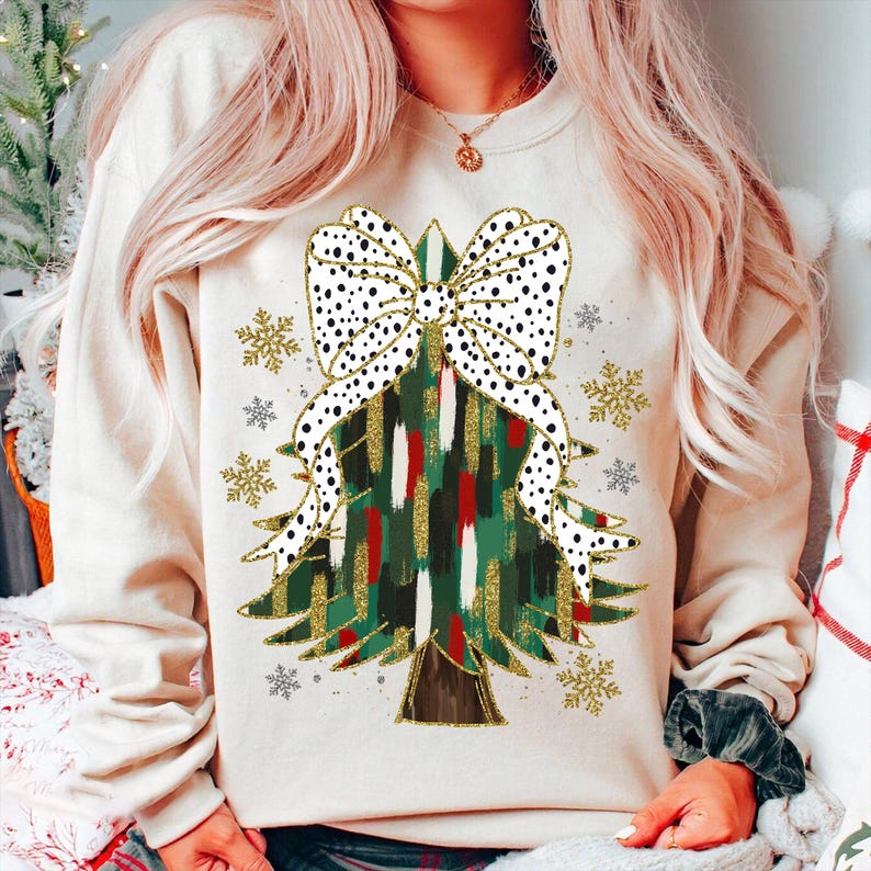 Glitter Colorful Christmas Tree – Christmas Bow – Tree Farm Fresh Design DTF transfer