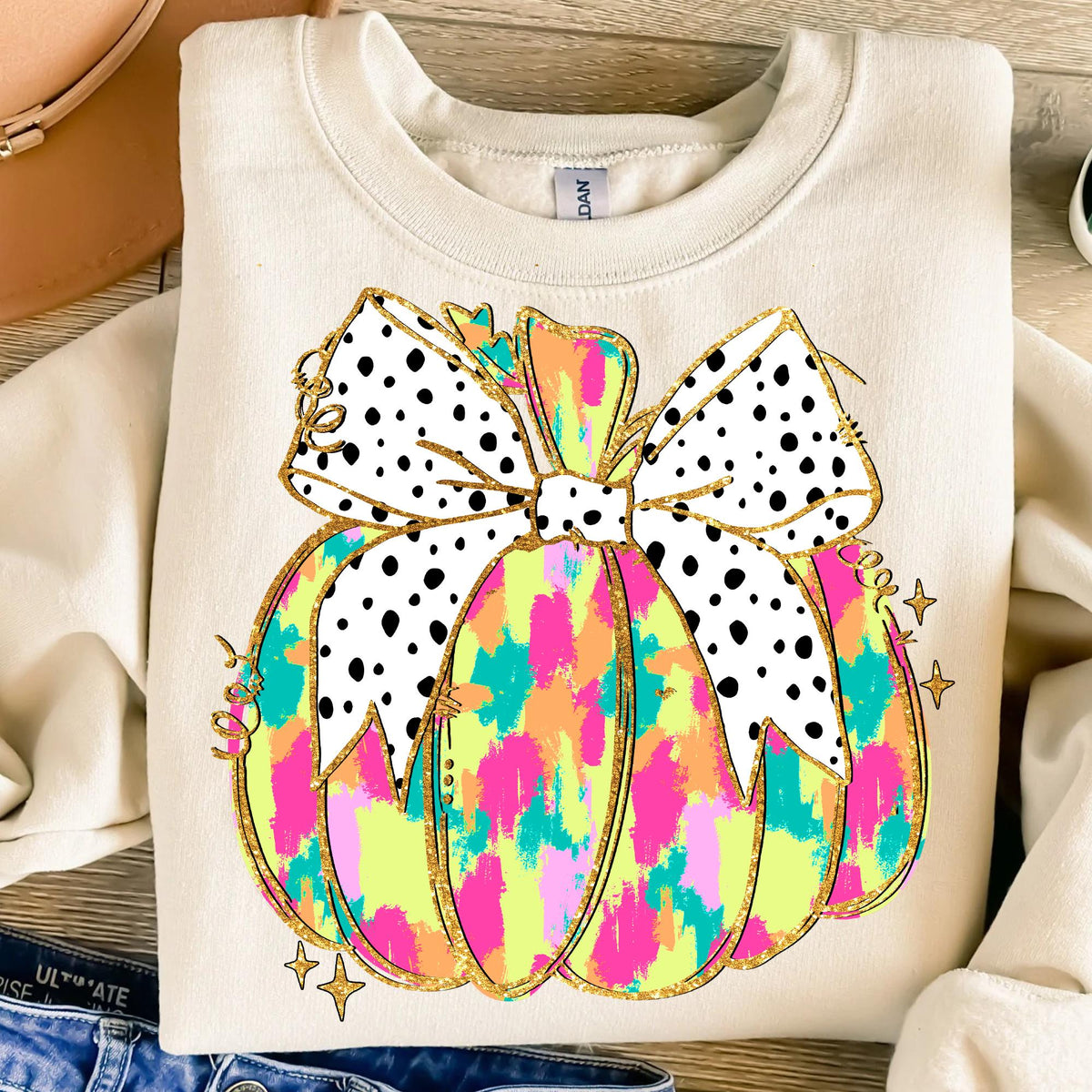 Colorful Coquette gold glitter pumpkin girls fall pumpkin design dtf Halloween girls fall kids fall DTF Transfer