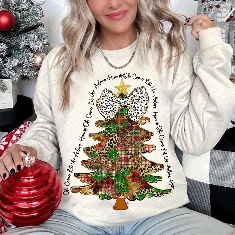 Coquette Glitter Christmas Tree – Oh Come Let Us Adore Him – Christmas girls DTF transfer
