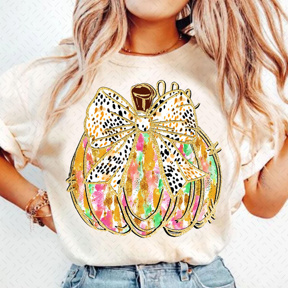 Colorful Coquette Gold Glitter Pumpkin – Girly Fall Pumpkin Design DTF Transfer