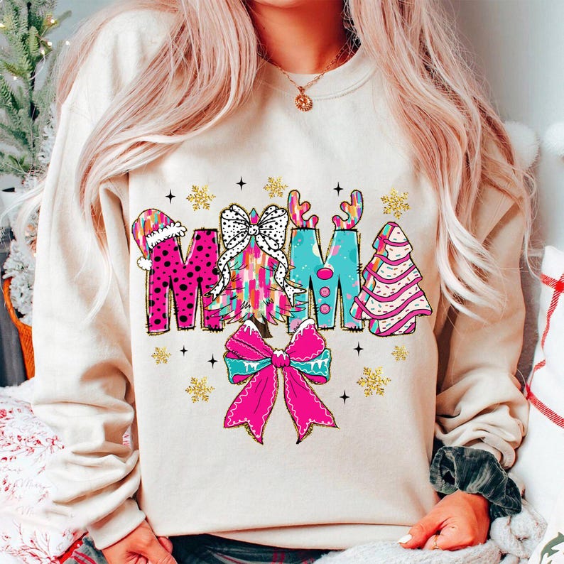 Colorful Coquette Glitter Christmas Mama – Mama Claus – Christmas Tree Cake DTF transfer