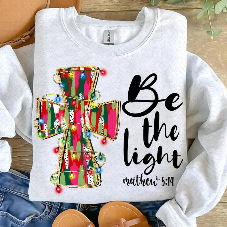 Colorful Glitter Christmas Jesus Cross – Be The Light – Jesus is the reason DTF transfer