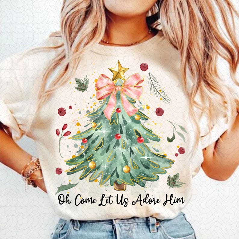Oh Come Let Us Adore Him – Coquette Bow Christmas Tree – Christmas Jesus DTF transfer