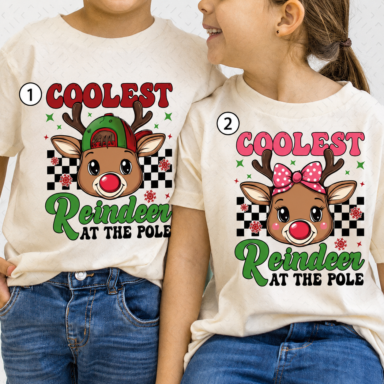 Coolest reindeer Christmas DTF transfer options numbered 1 and 2