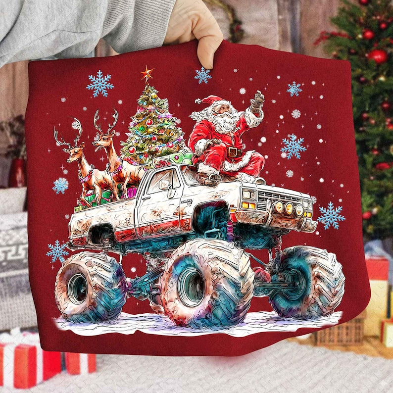 Retro Monster Truck Christmas – Santa Claus – Trendy Kids Boys Christmas Truck Shirt DTF transfer