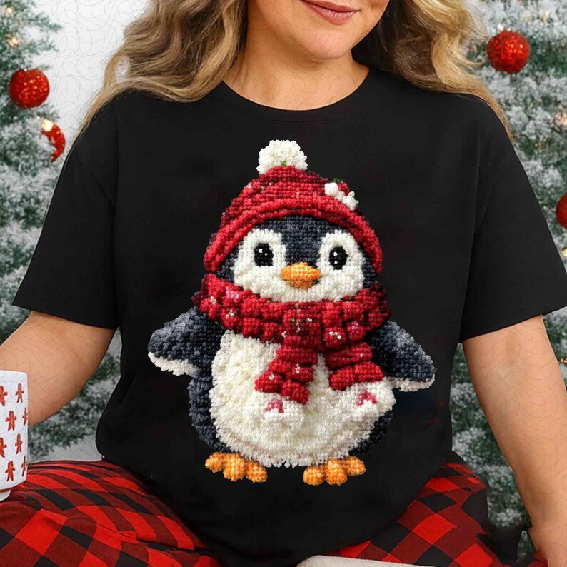 Christmas Penguin – Crochet Holiday – Latch Hook Yarn Santa Hat DTF transfer