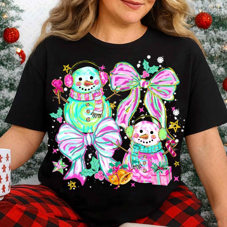 Pink Glitter Coquette Snowman Christmas – Preppy Girly Holiday – Colorful Brushstroke DTF transfer