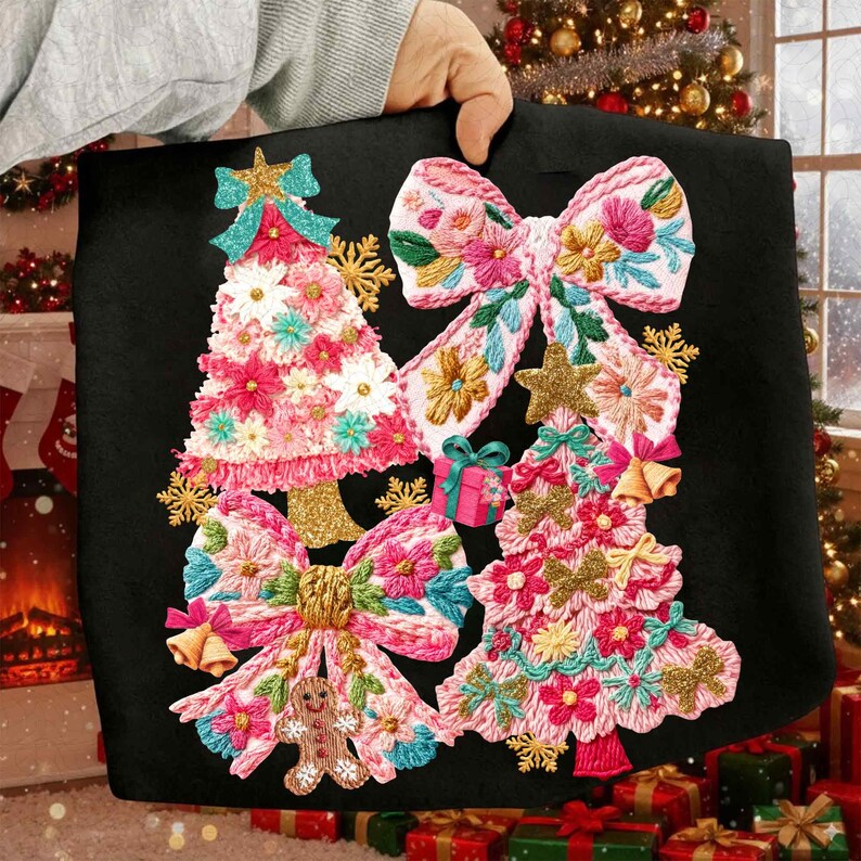 Floral Coquette Faux Yarn – Pink Blue Christmas Tree Bow – Crochet Merry & Bright DTF transfer