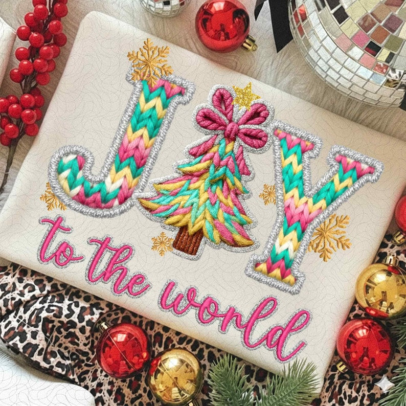 Faux Yarn Joy to the world Christmas – Yarn Christmas Tree – Chunky Knit Coquette Bow DTF transfer