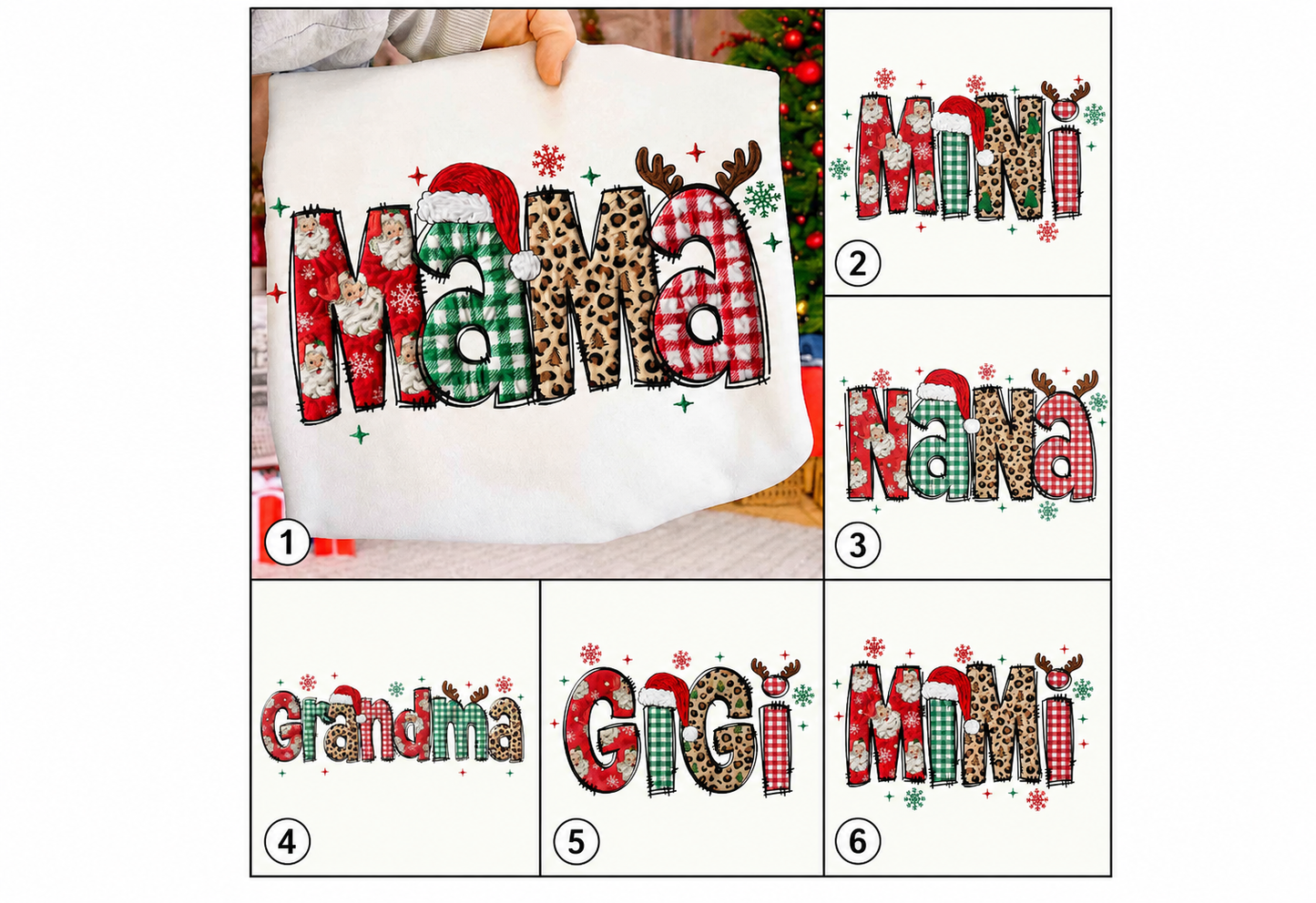 MAMA MINI NANA GRANDMA GIGI MIMI Christmas DTF transfer options numbered 1 to 6