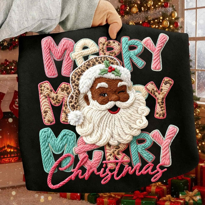 Leopard Merry Christmas Black Santa Latch Hook Yarn Crochet – Faux Yarn – Tis The Season DTF transfer