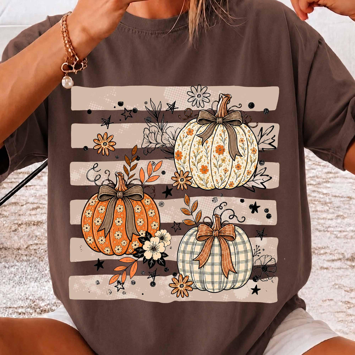 Striped Preppy Fall Pumpkin Bow – Floral Pumpkin DTF Transfer