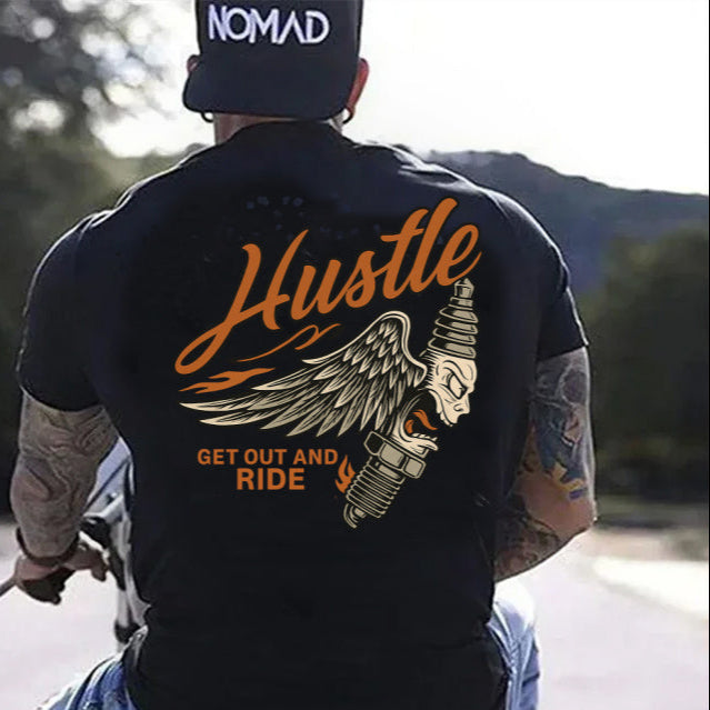 DTF Transfer Hustle Ride – Winged Spark Plug Biker Graphic with Flames