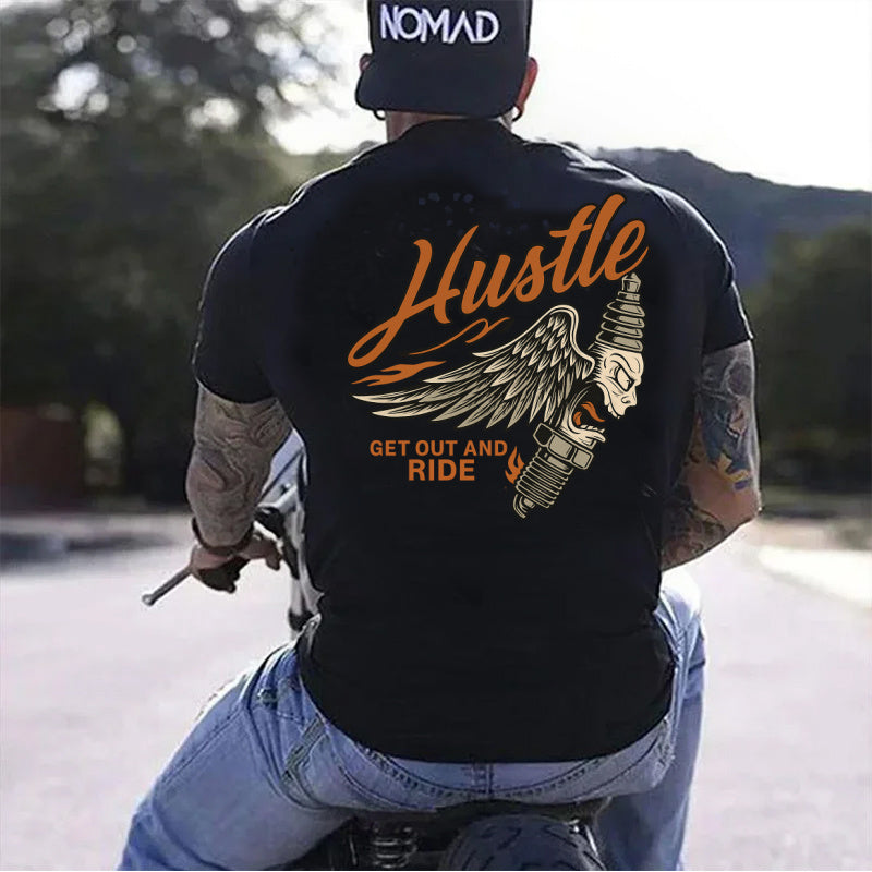 DTF Transfer Hustle Ride – Winged Spark Plug Biker Graphic with Flames