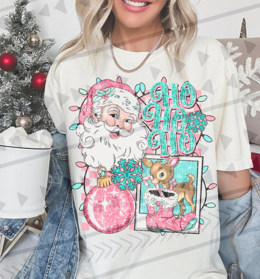 Ho Ho Ho – Pink and Teal Santa and Reindeer DTF transfer design preview; garment not included