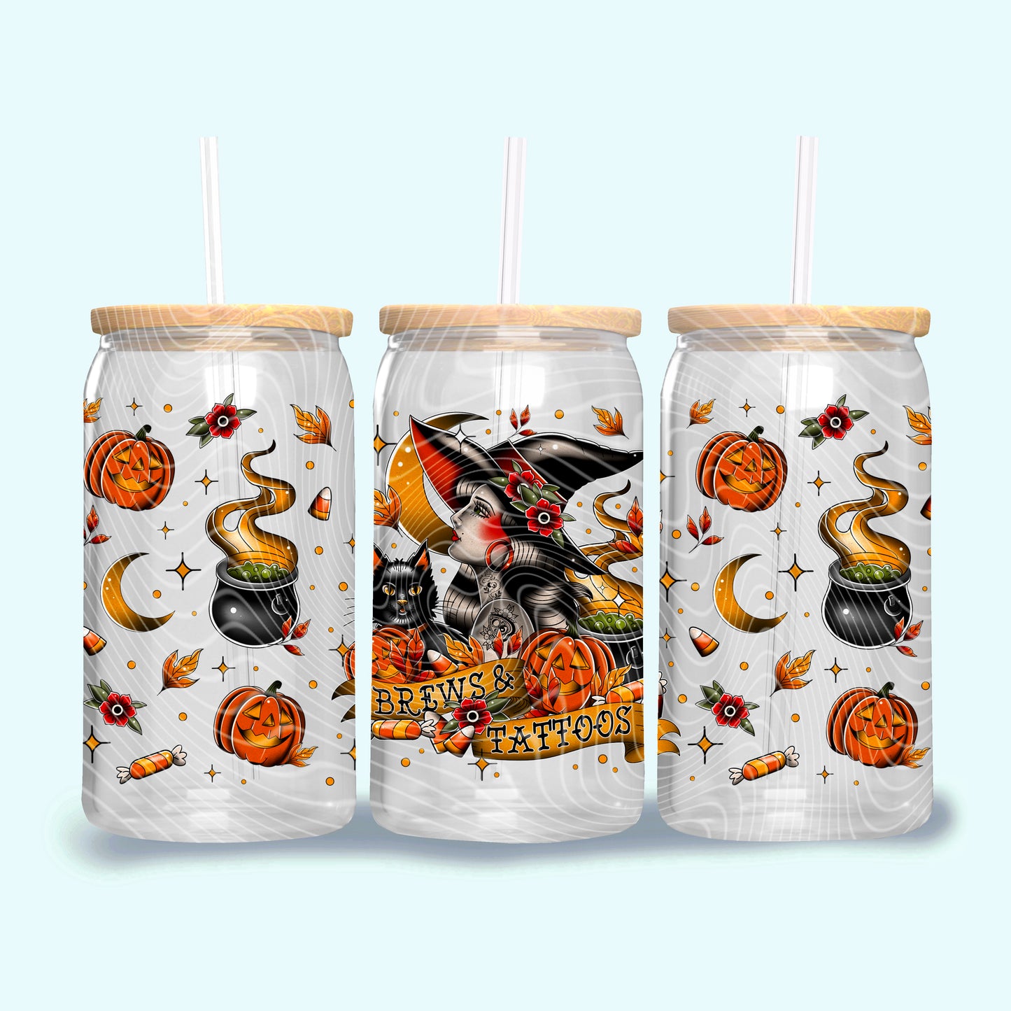 DTF Transfer UV Cup Wrap – Brews & Tattoos Halloween Witch Pin-Up Design