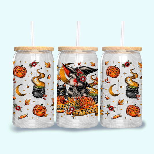 DTF Transfer UV Cup Wrap – Brews & Tattoos Halloween Witch Pin-Up Design