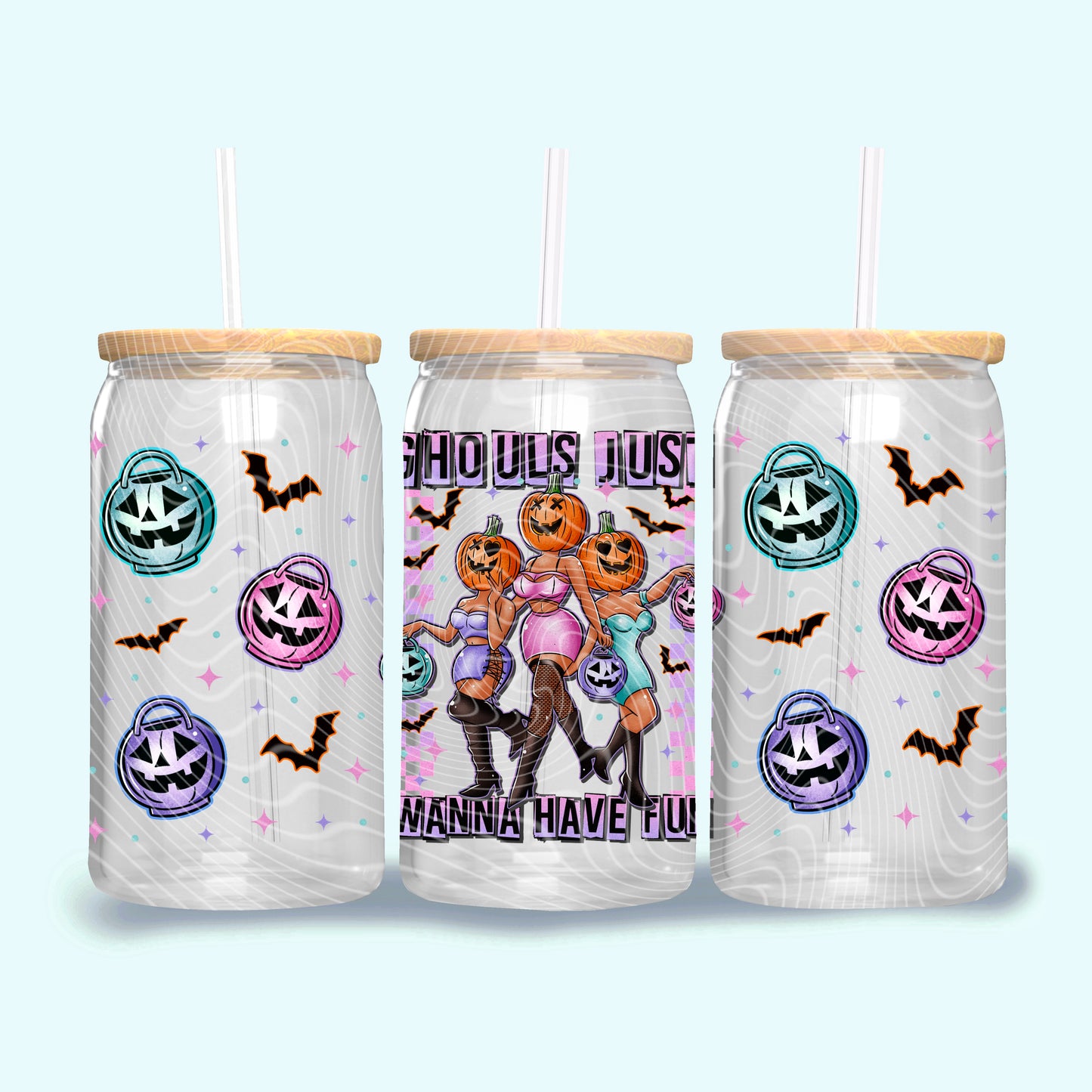 DTF Transfer UV Cup Wrap – Ghouls Just Wanna Have Fun Pumpkin Head Babes Design
