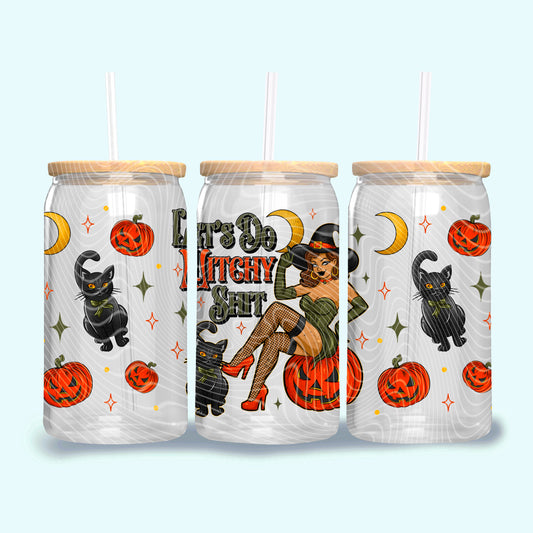 Three Halloween-themed tumblers with illustrations of cats, pumpkins, and text on a light blue background.