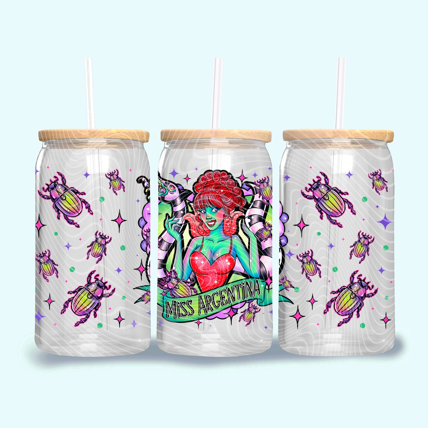 DTF Transfer UV Cup Wrap – Miss Argentina Beetle juice Tribute Design