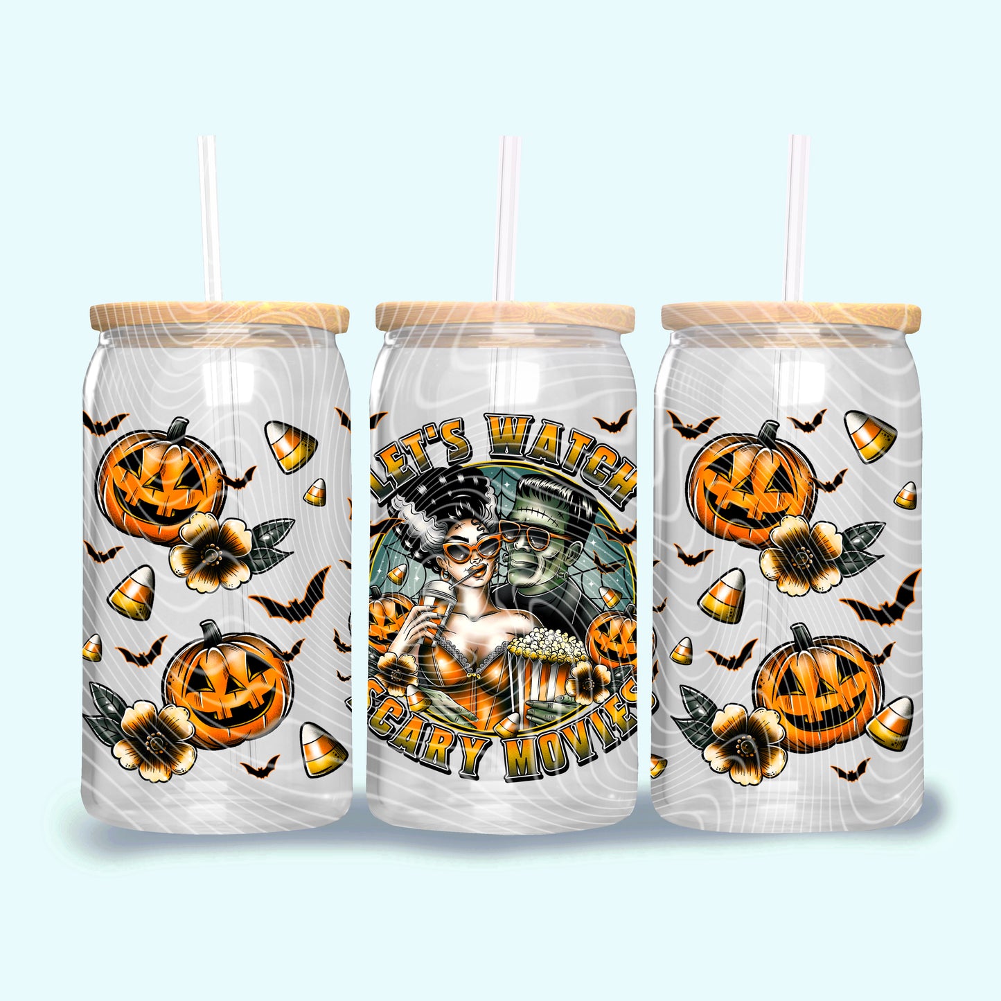 DTF Transfer UV Cup Wrap – Bride & Frankenstein “Let’s Watch Scary Movies” Halloween Design