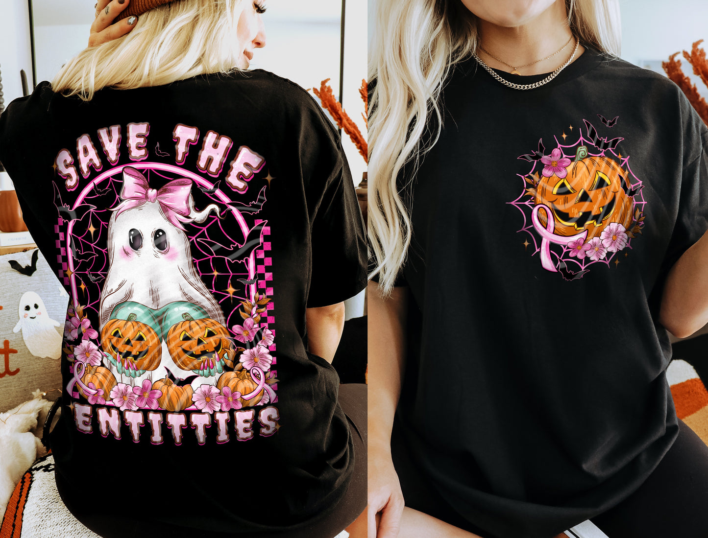 DTF Transfer – “Save the Entitties” | Spooky Cute Ghost with Breast Cancer Awareness Theme