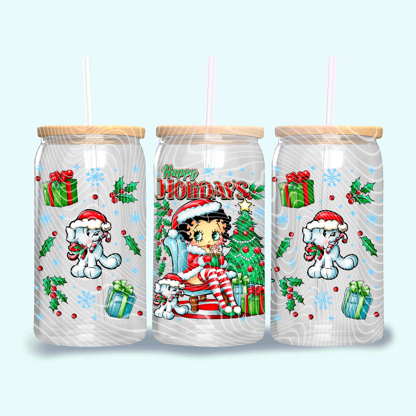 DTF Transfer UV Cup Wrap – Betty Booop Happy Holidays Christmas Design
