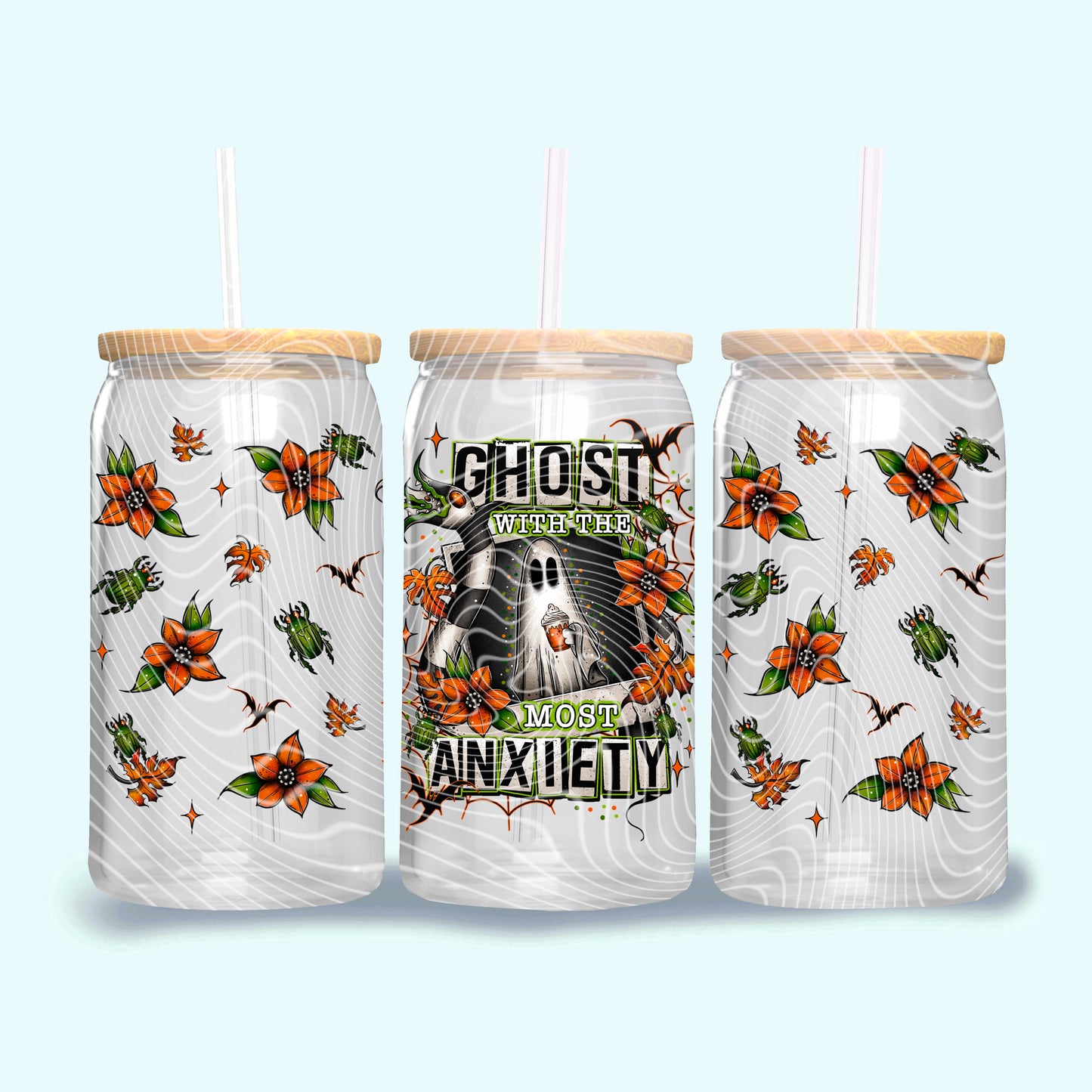 DTF Transfer UV Cup Wrap – Ghost With the Most Anxiety Halloween Floral Design
