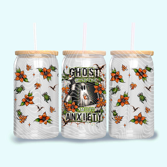 DTF Transfer UV Cup Wrap – Ghost With the Most Anxiety Halloween Floral Design