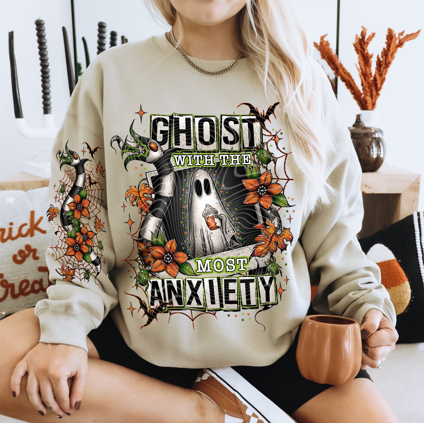 Ghost With The Most Anxiety – Halloween Cozy Crewneck Sweatshirt