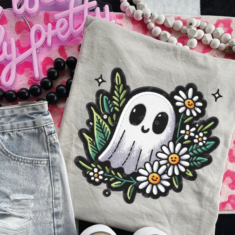 DTF Transfer Fall Halloween Ghost Daisy Faux Embroidery