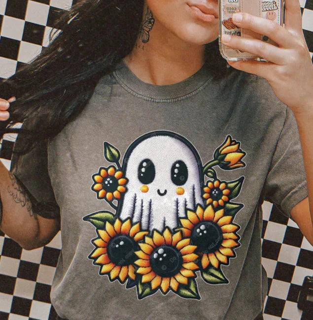 DTF Transfer Fall Halloween Ghost Sunflower Faux Embroidery