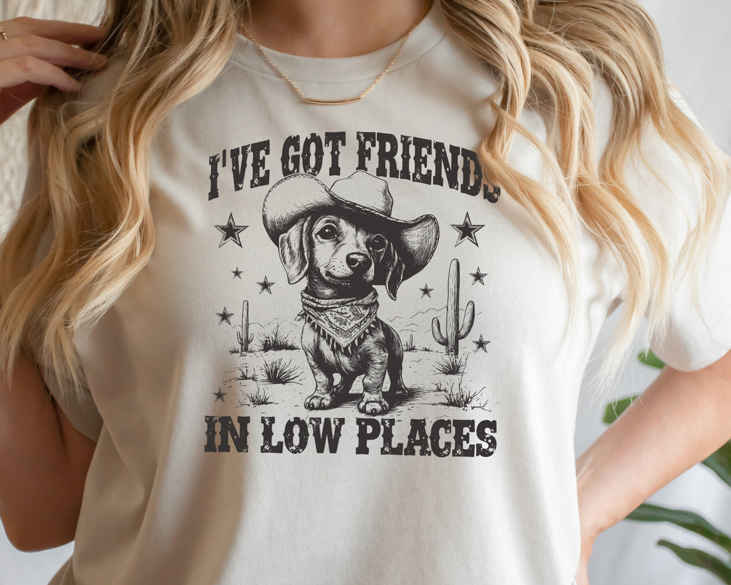 DTF Transfer I've Got Friends in Low Places – Western Dachshund Cowboy Dog Graphic