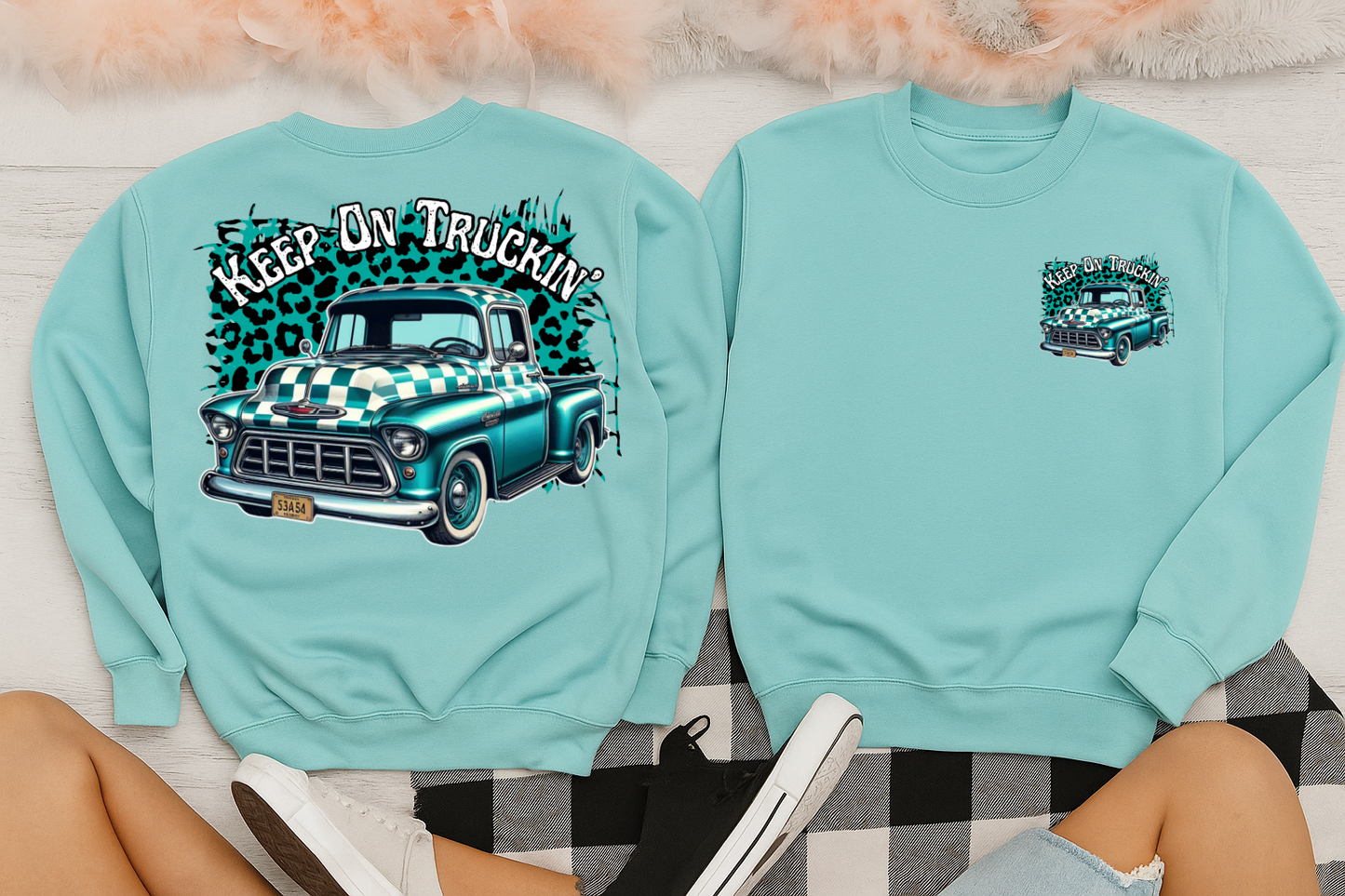 DTF Transfer Keep On Truckin’ – Teal Vintage Pickup with Leopard Background