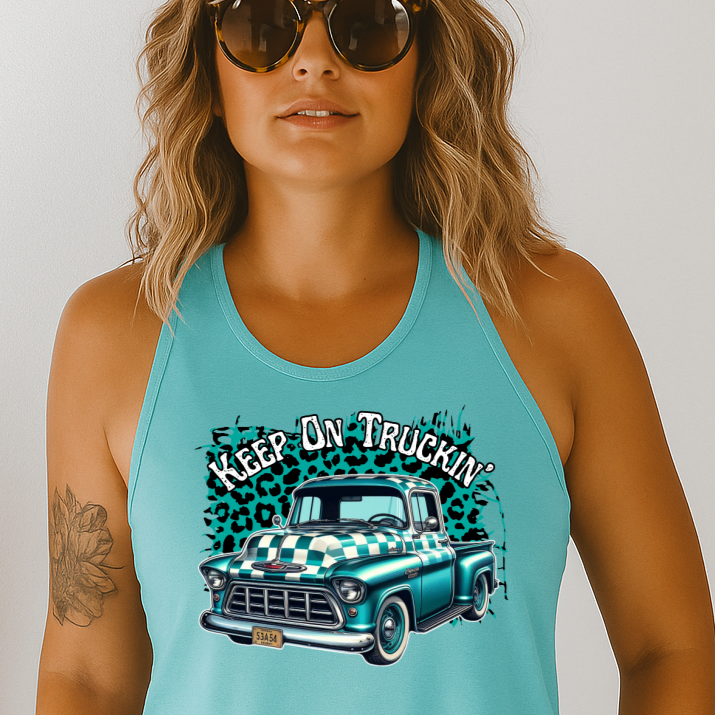 DTF Transfer Keep On Truckin’ – Teal Vintage Pickup with Leopard Background