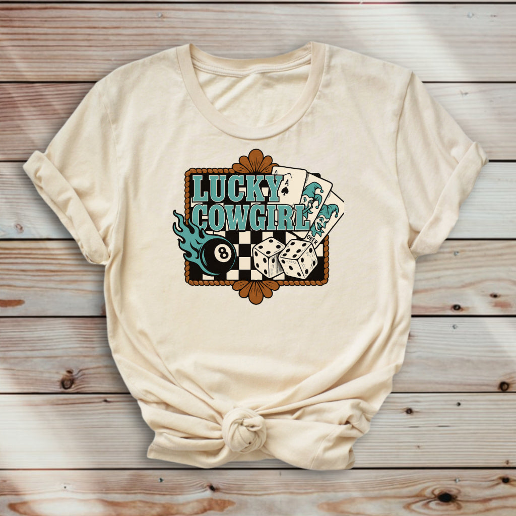 Lucky Cowgirl DTF Transfer – Vintage Dice, Cards & Western Graphic