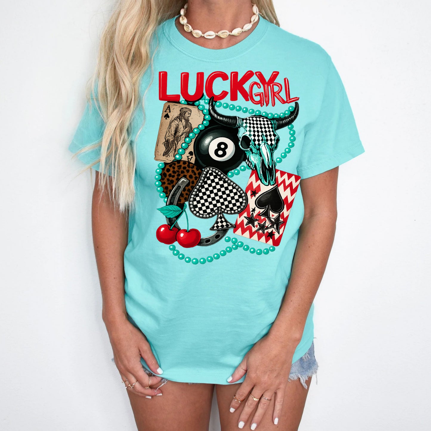 DTF Transfer Lucky Girl – Western Cowgirl Cherry Skull Playing Cards Tee Design