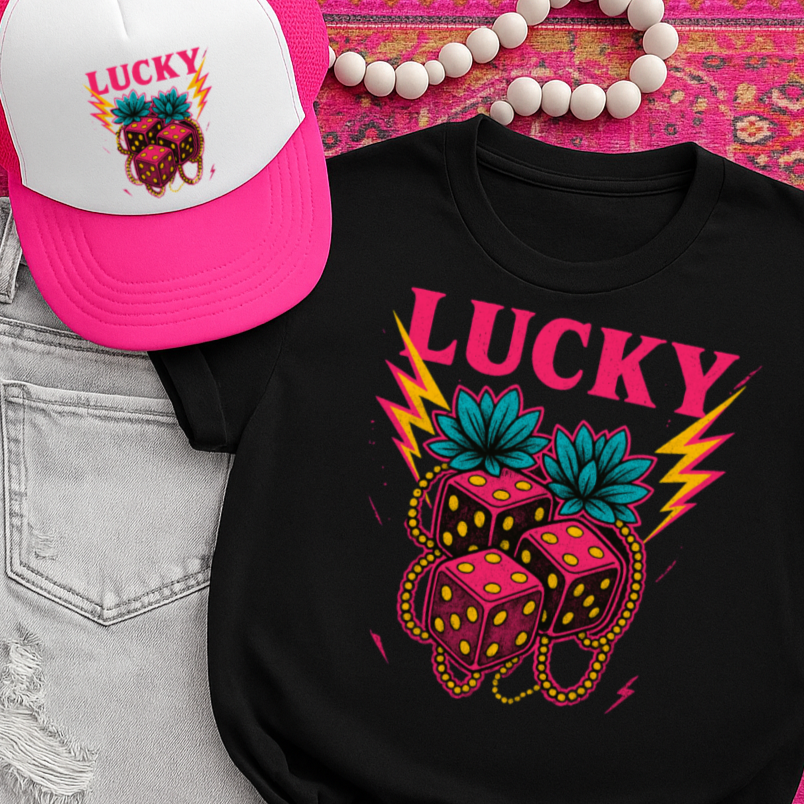 DTF Transfer Lucky Dice – Neon Western Bold Tattoo Style