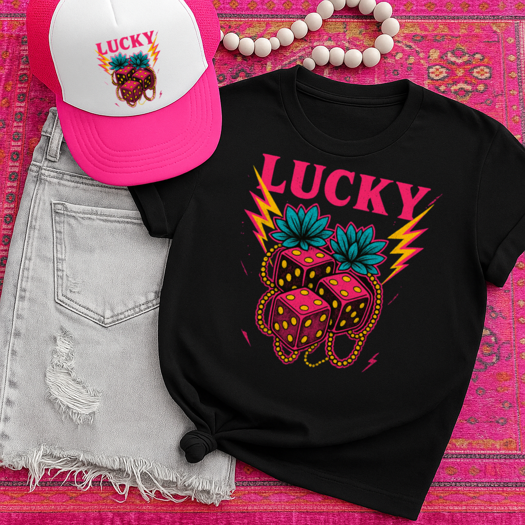 DTF Transfer Lucky Dice – Neon Western Bold Tattoo Style