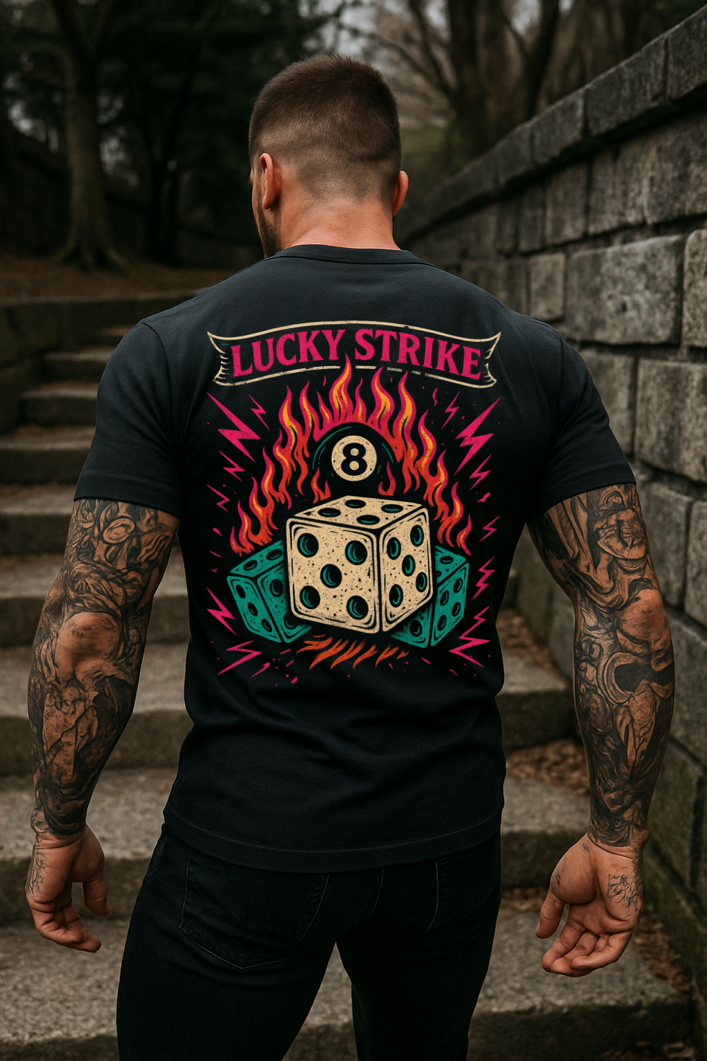 DTF Transfer Lucky Strike – Retro Dice, 8-Ball & Flames Rockabilly Tattoo Style