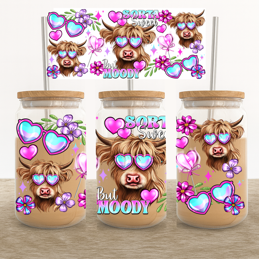 UV DTF Cup Wrap – Highland Cow With Heart Glasses & Flowers Valentines