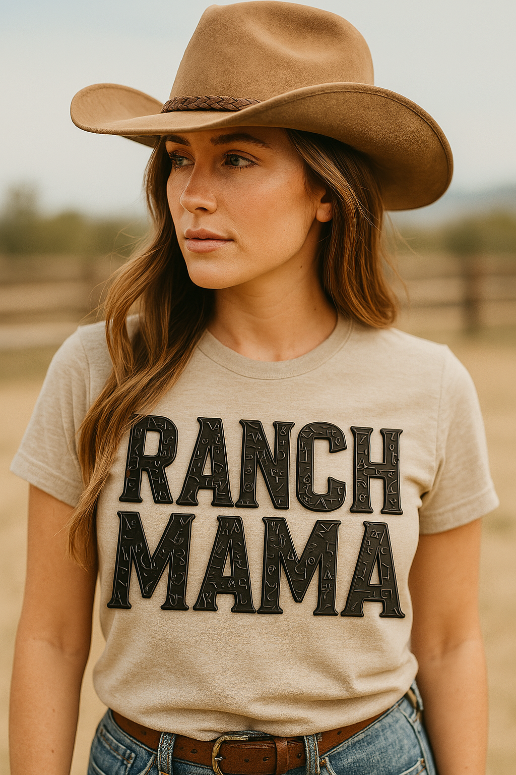 DTF Transfer Western Tee โ "Ranch Mama" 3D Effect Cowgirl Graphic